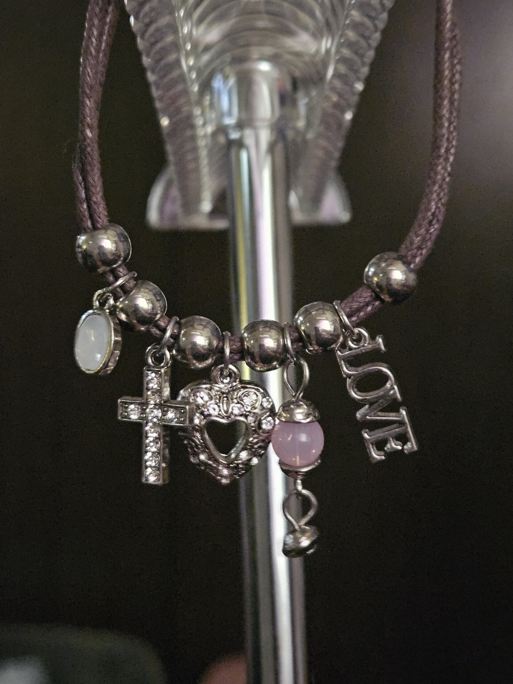 Silver Charm Heart & Cross Bracelet - Brown Cord
